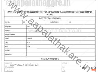 नवोदय समितीने नवोदय प्रवेश परीक्षा 2025 साठी मार्कशीट जाहीर