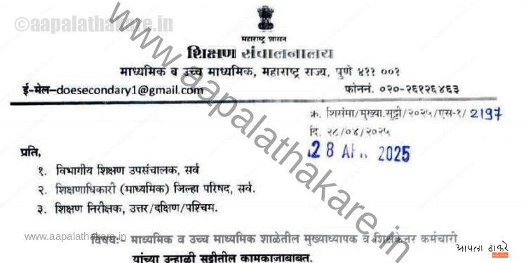 माध्यमिक व उच्च माध्यमिक शाळांतील मुख्याध्यापक व शिक्षकांकरिता सुट्टीतील कामकाजाबाबत महत्त्वाची माहिती