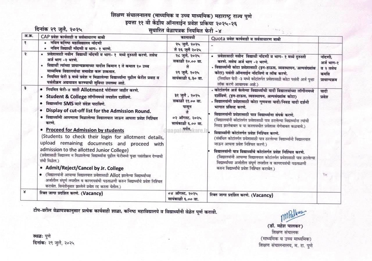 इयत्ता ११ वी (FYJC) केंद्रीय प्रवेश प्रक्रिया २०२५-२६ | फेरी 4